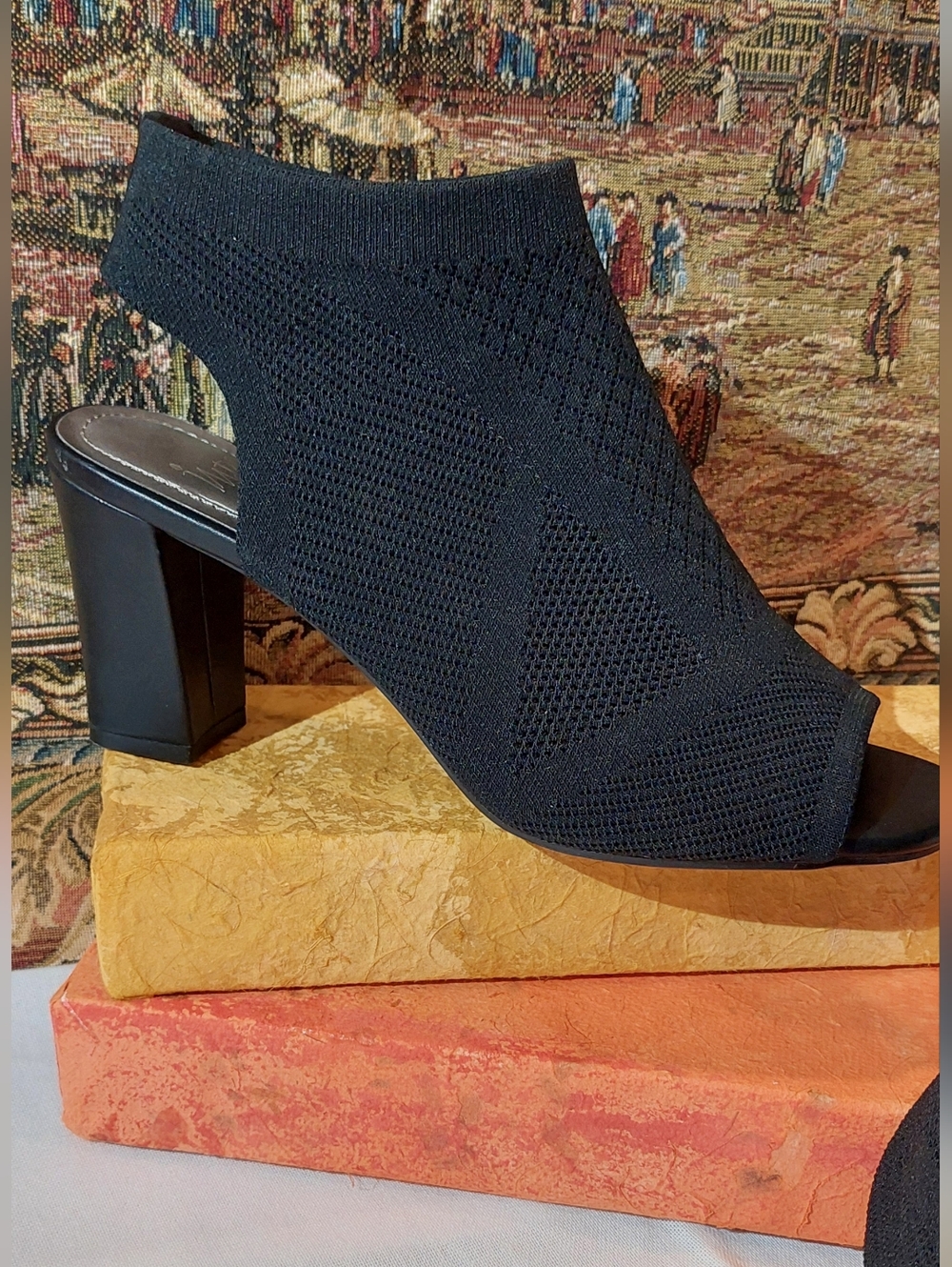 Impo Black Knit Open-Toe Block Heel Booties with Back Strap - Picture 3 of 14